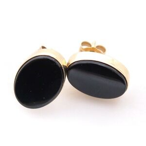 VINTAGE CLASSIC OVAL SGD VD 14K SOLID GOLD BLACK ONYX GEMSTONE EARRINGS 14x10mm